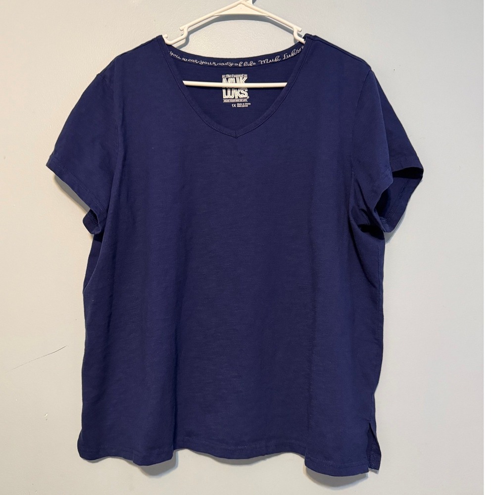 Muk Luks Women's 1X Navy Blue V-Neck Short Sleeve T-Shirt 1824